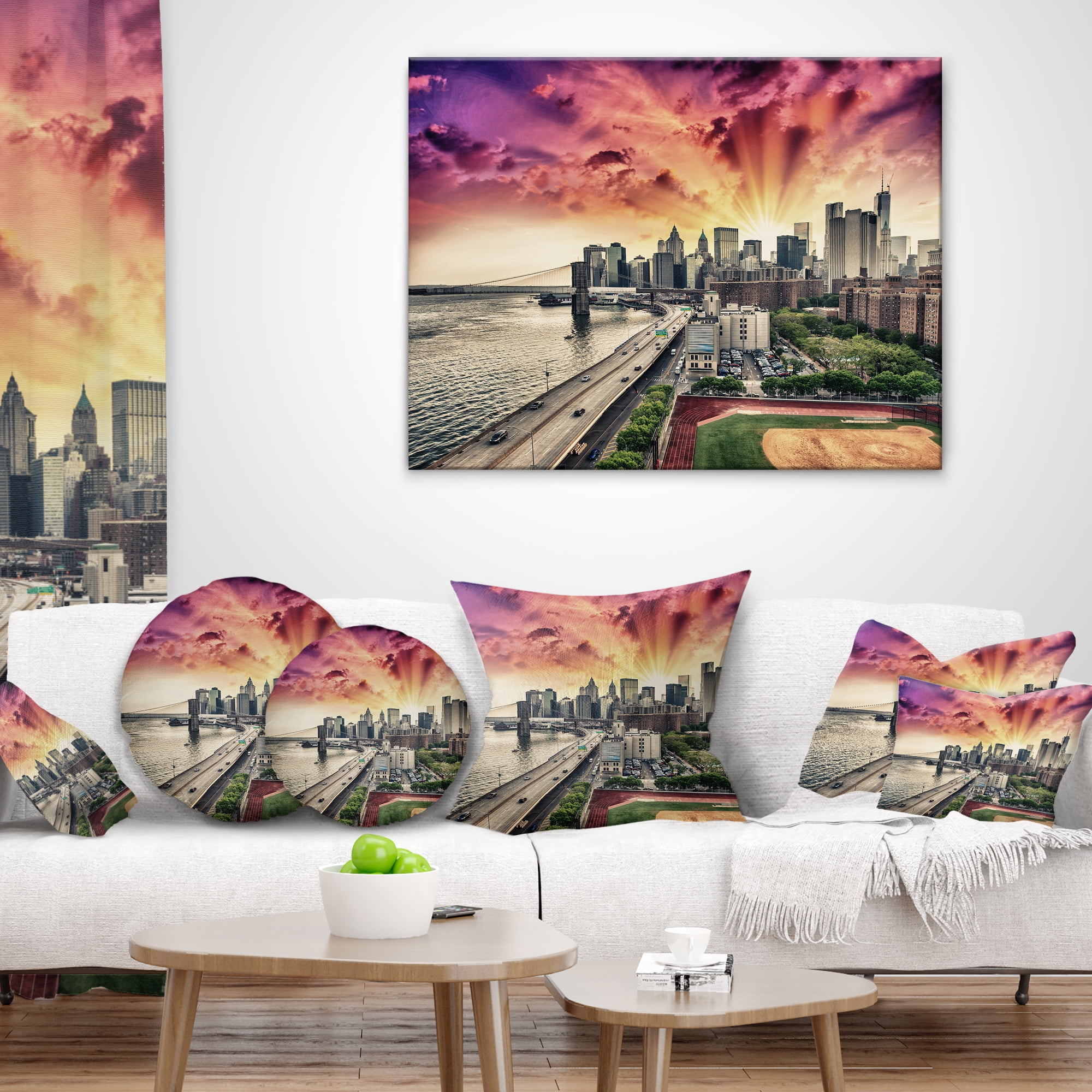 Designart FDR Drive and Manhattan Skyline - Cityscape Photo Throw Pillow - 12x20