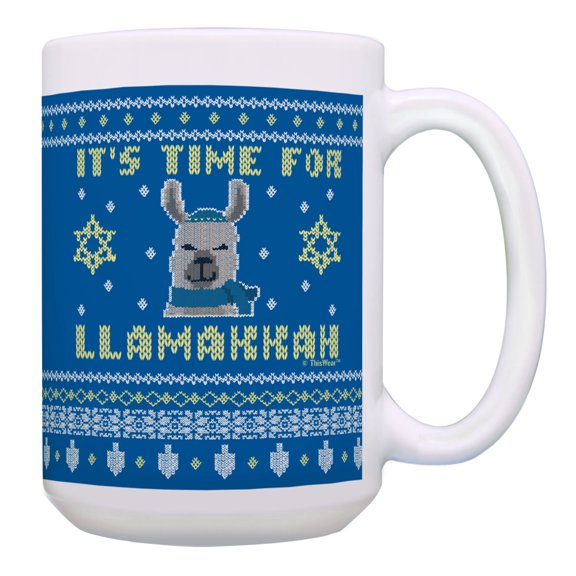 ThisWear Ugly Hanukkah Sweater Theme Mug It's Time for Llamakkah Llama Mug 15oz Coffee Mug Blue