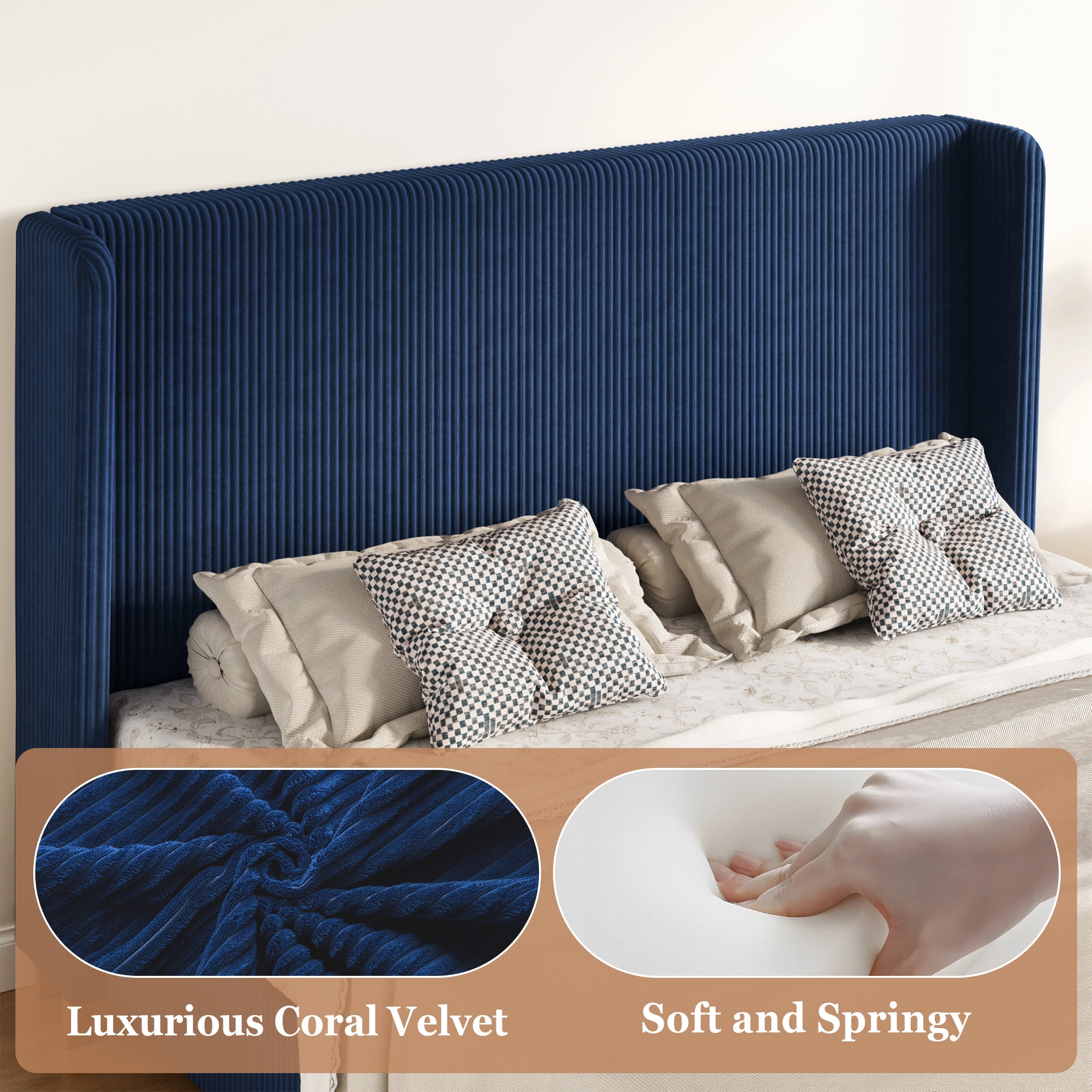 Amolife King Size Platform Bed Frame with Velvet Upholstered Wingback Headboard, Dark Blue
