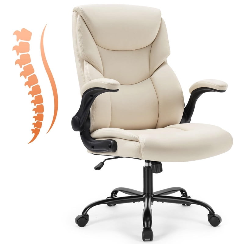 Kelno PU Leather Executive Office Chair with Flip Up Armrest Ergonomic Drafting Chair,White