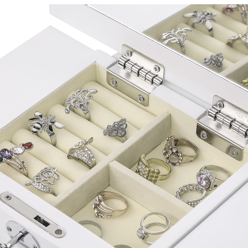 Kepooman 7 Layers Wooden Jewelry Box Case with Lock, Women' s Jewelry Display Storage Case Holder for Necklaces Rings Earrings Watches, White Kepooman 7 Layers Wooden Jewelry Box Case with Lock, Women' s Jewelry Display Storage Case Holder for Necklaces Rings Earrings Watches, White