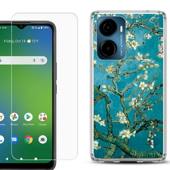 For AT&T Propel 2 5G Phone Case Cover, Shockproof Bumper Hybrid Case with Tempered Glass Screen Protector, by OneToughShield - Almond Blossom