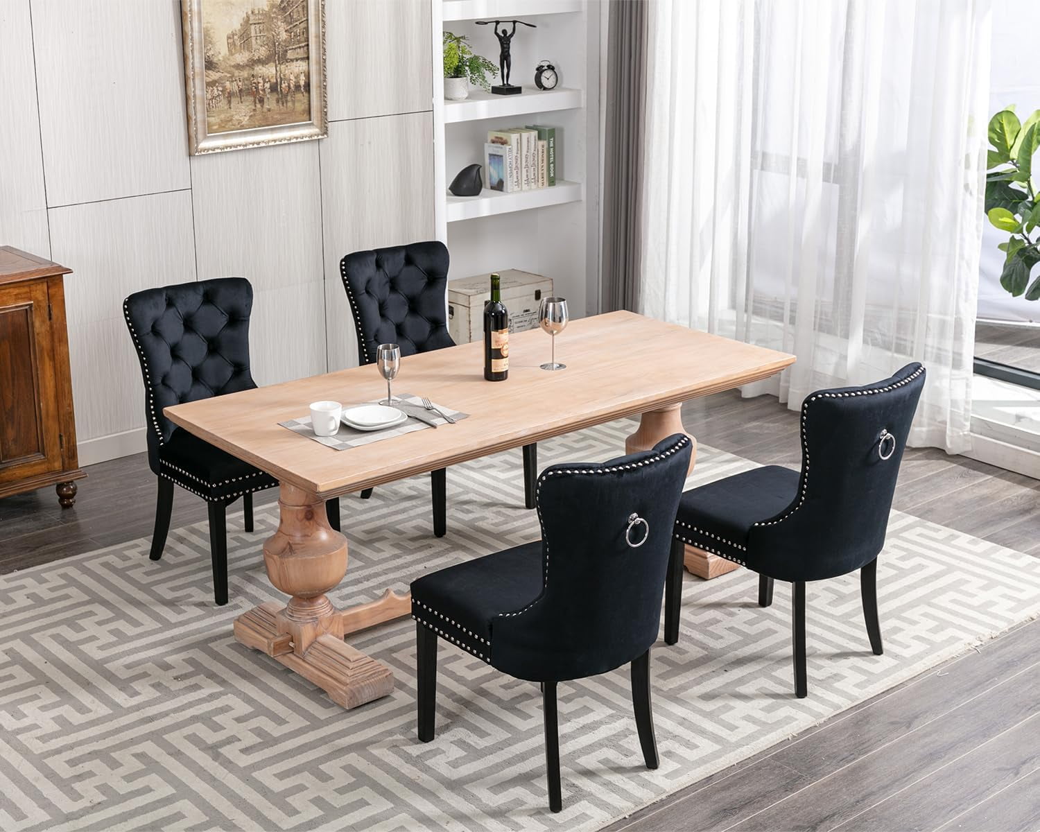 Velvet Dining Chairs Set of 4, Upholstered High-end Tufted Dining Room Chair with Nailhead Back Ring Pull Trim Solid Wood Legs, Nikki Collection Modern Style for Kitchen, Black