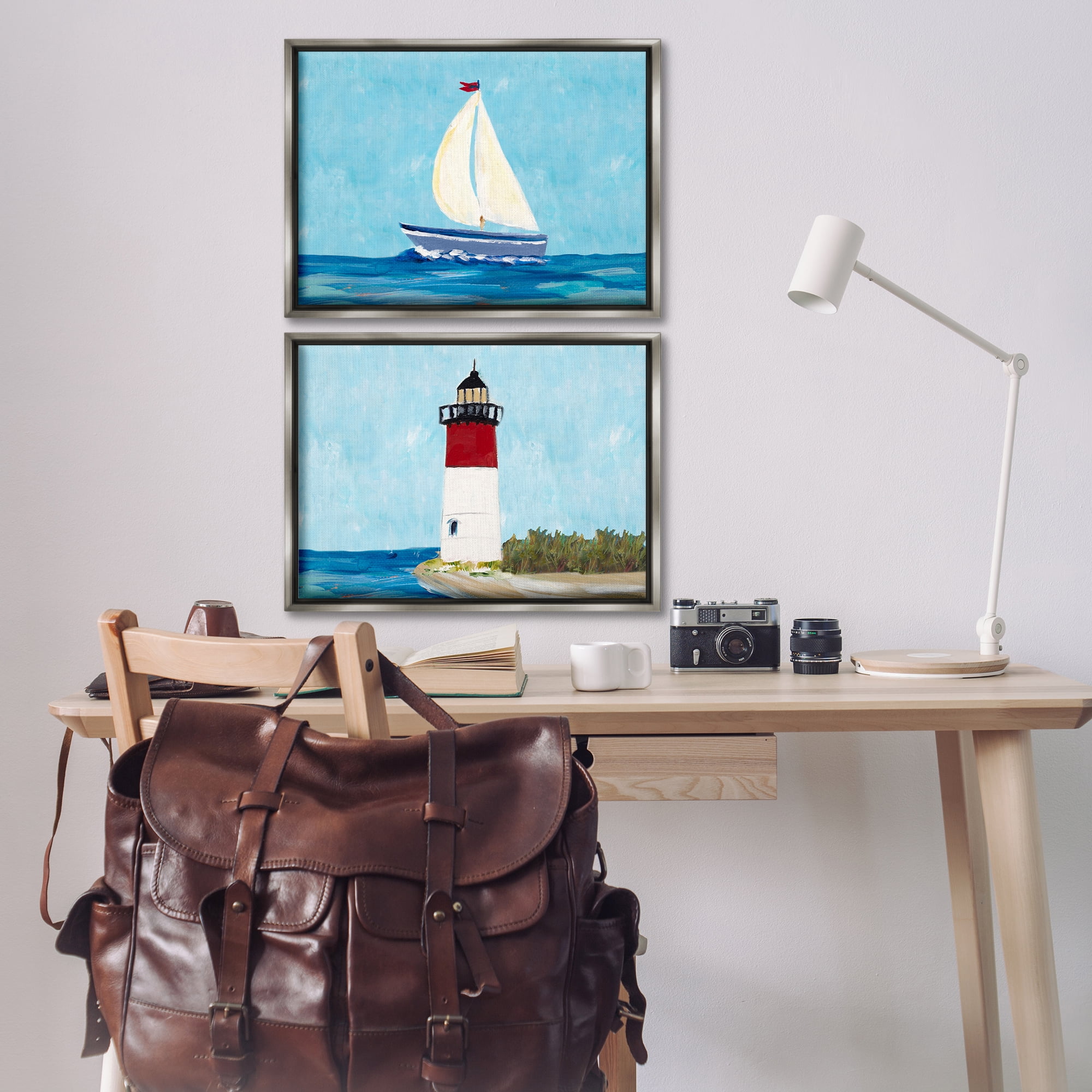 Stupell Industries Nautical Sail the Sea Lighthouse Nautical & Beach Painting Gray Floater Framed Canvas Art Print Wall Art, 25 x 17, Set of 2