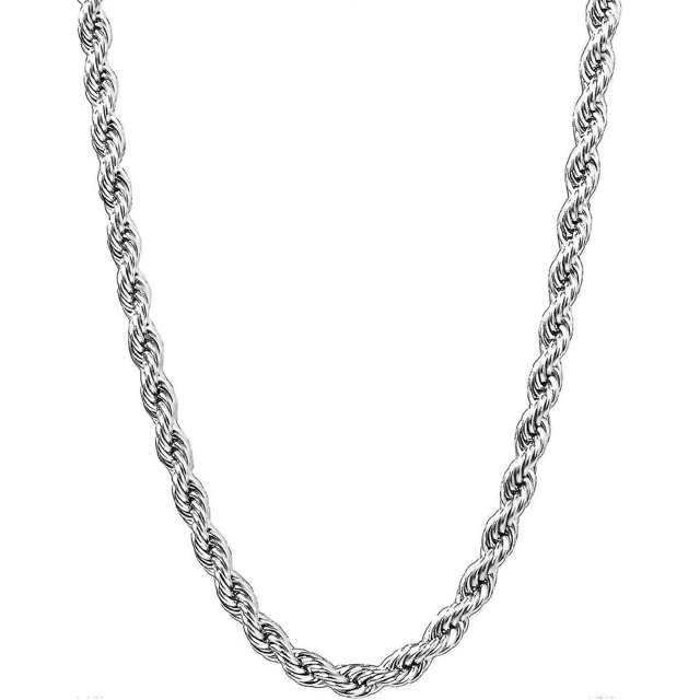 Cadena de cuerda para hombres, 2,5 mm, 3 mm, 4 mm, cadena de cuerda de acero inoxidable chapado en 18 k, collar para hombres y mujeres, 22 pulgadas, plata, 3 mm, código de producto 60184 24 pulgadas,