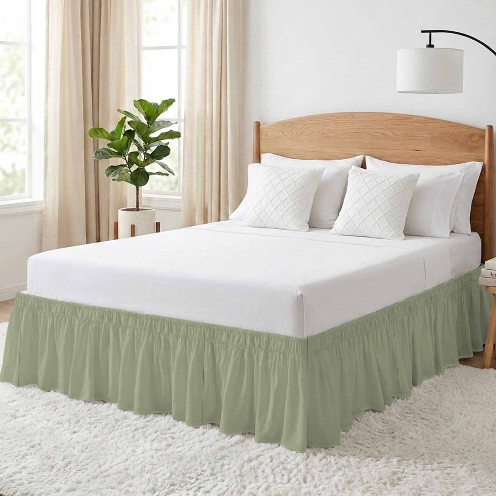 Bed Skirt Sage Green Adjustable Elastic Wrap-Around Dust Ruffle with Solid Color 16 Inch Drop, Bed Frame Cover for Queen Size Bed