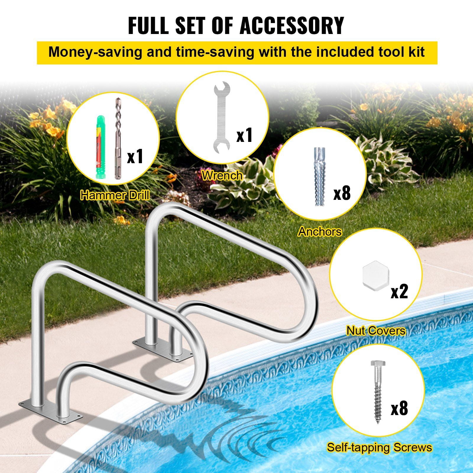 Pool Handrail, 32 x 22.5 Swimming Pool Stair Rail, 304 Stainless Steel Stair Pool Hand Rail Rated 375lbs Load Capacity, Pool Rail with Quick Mount Base Plate, and Complete Mounting Accessories