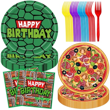 JESTAR 96pcs Ninja Birthday Party Supplies, Turtle Plates and Napkins Set, Serves 24, Disposable Tableware with Forks for Birthday, Mutant Mayhem Party Decorations