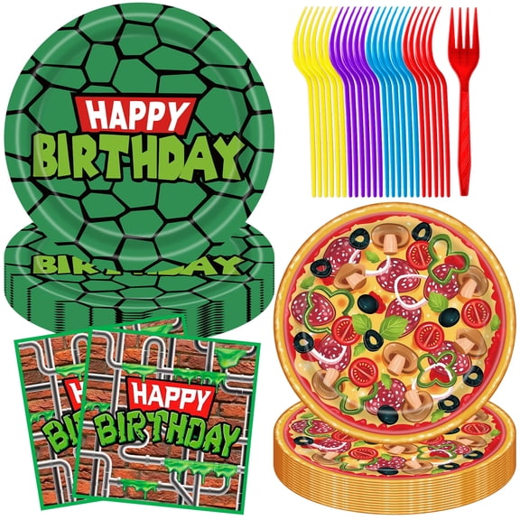 JESTAR 96pcs Ninja Birthday Party Supplies, Turtle Plates and Napkins Set, Serves 24, Disposable Tableware with Forks for Birthday, Mutant Mayhem Party Decorations