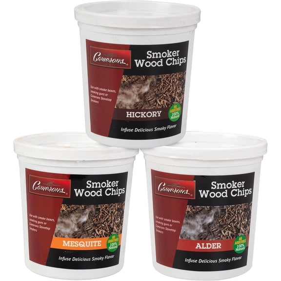 Camerons All Natural Extra Fine BBQ Wood Chips, 3 Pack - Alder, Hickory, Mesquite (3 Pints, 0.473L ea) - Kiln Dried Sawdust Shavings for Smoking Guns, Smokers, Smoke Boxes- Barbecue Grilling Gift Set