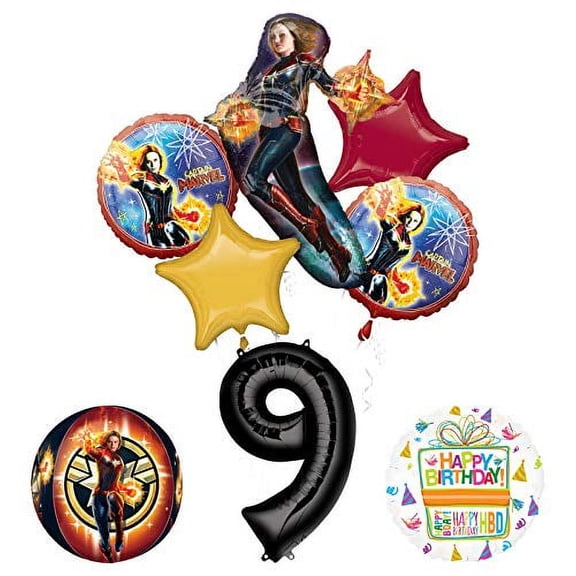 Captain Marvel 9th Birthday Party Supplies Balloon Bouquet Decorations with 4 Sided Orbz Balloon