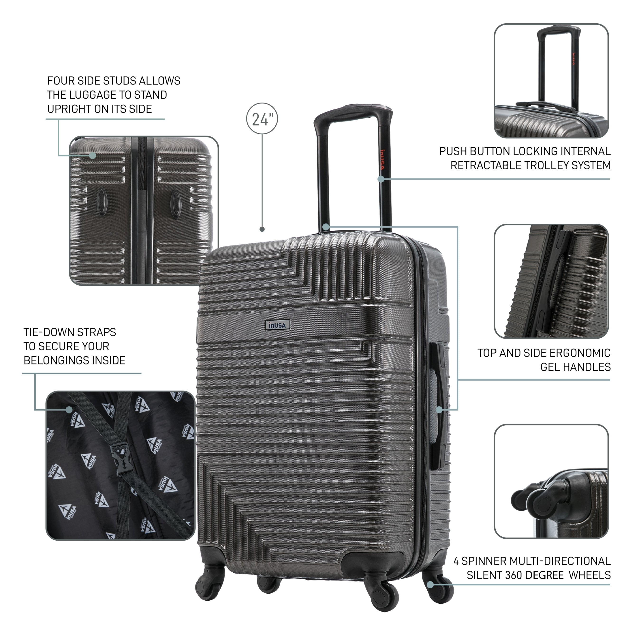 InUSA Resilience 24" Hardside Lightweight Luggage with Spinner Wheels, Handle, and Trolley, Charcoal