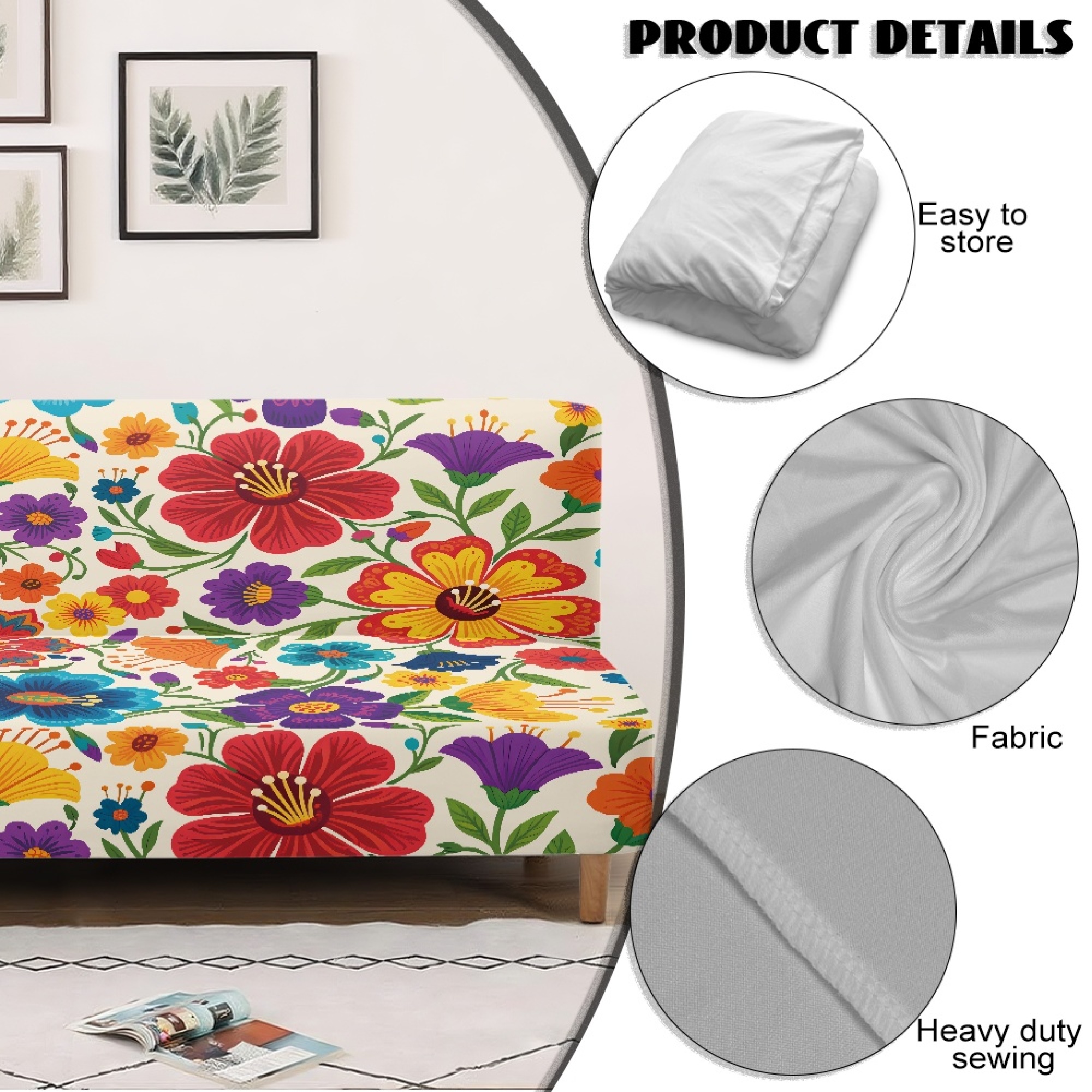 ZIATUBLES Futon Couch Cover Armless, Stretch Sofa Slipcover Dustproof Furniture Protector Elastic Non-Slip Washable for Sofa Bed, Living Room, Colorful Flower Print