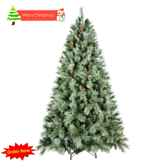 Tcbosik 7ft Flocked Artificial Christmas Tree with 82 Pine Cones, Hinged Xmas Tree with 1348 Branch Tips, Indoor Holiday Decoration for Living Room, Easy Assembly, Snowy Green