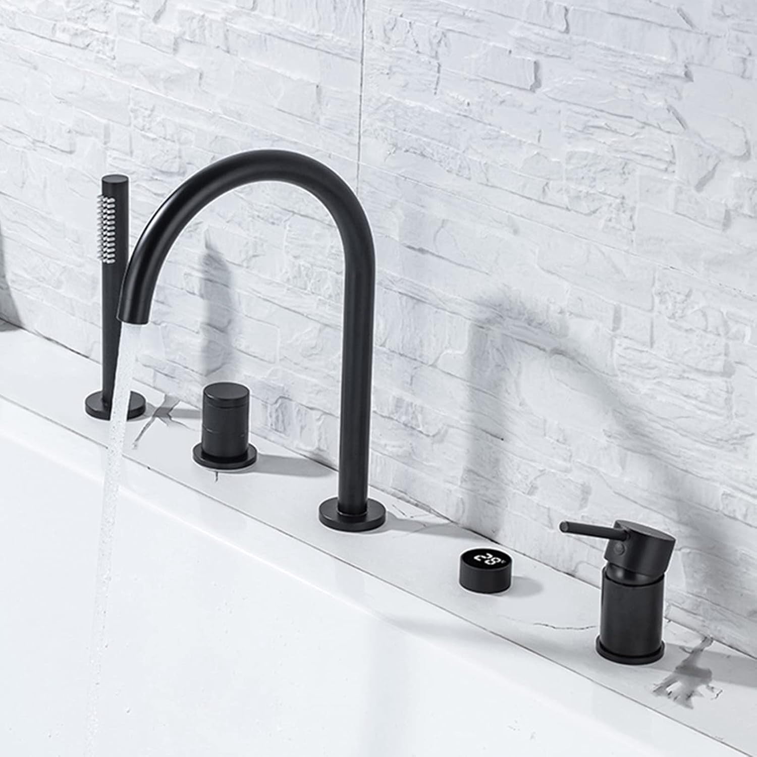 Bathtub Faucet with Temperature Display, Widespread Deck Mounted Solid Brass Bathroom Tub Shower Faucet 4 Holes, Hot and Cold Water Mixer Tap with Handshower