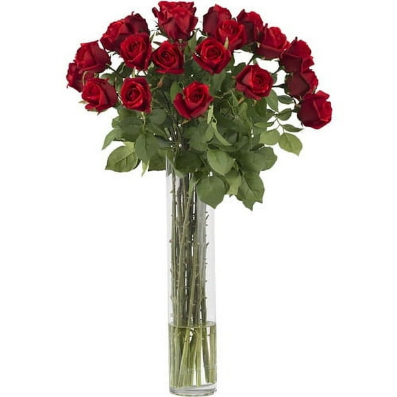 Nearly Natural Rosebud Artificial Flowers with Cylinder Vase, Red