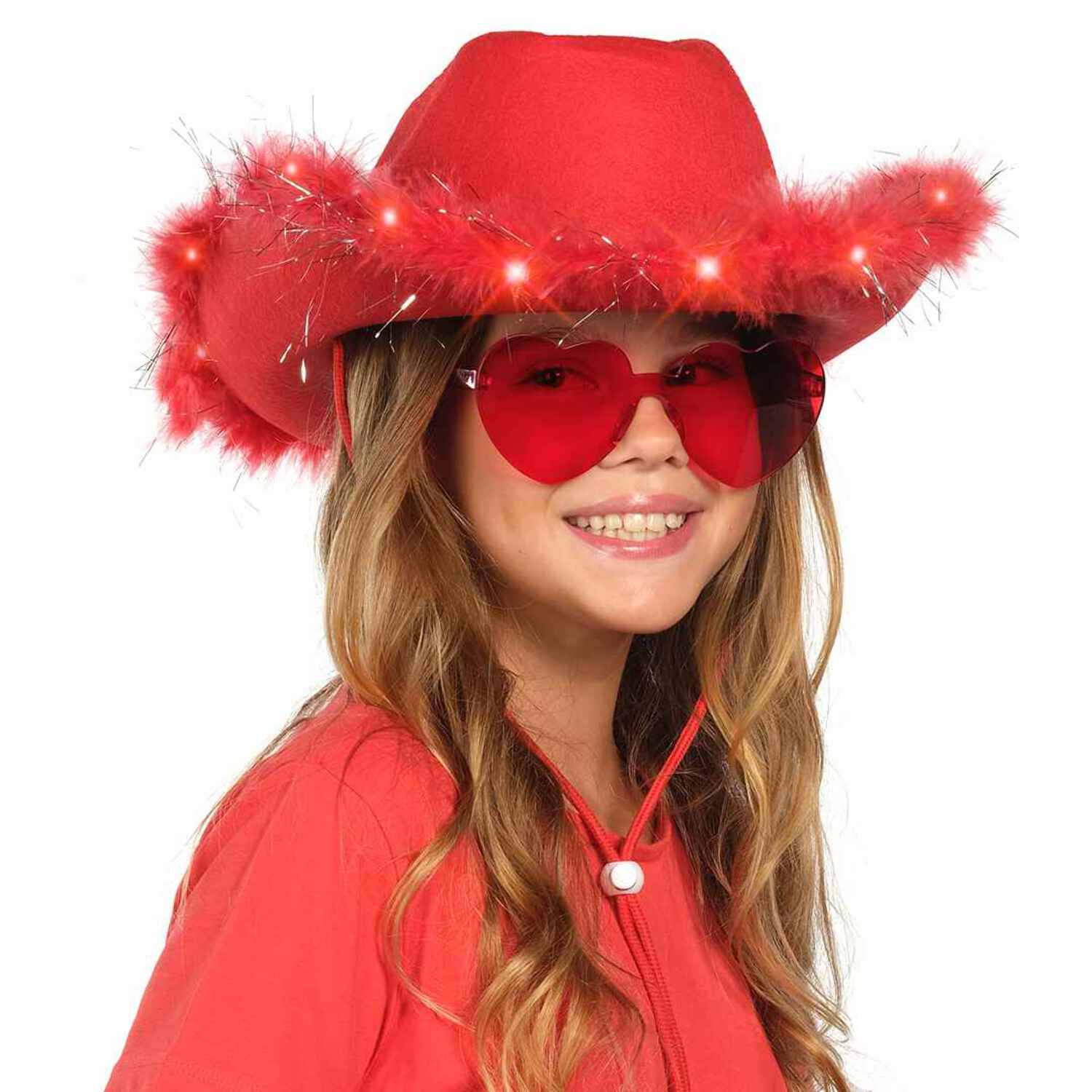 3397 Red Cowboy Hat With Feathers Heart Shaped Sunglasses For Women Red Cowboy Hat With Heart Shaped Sunglass,felt Cowgirl Hat  main image 3