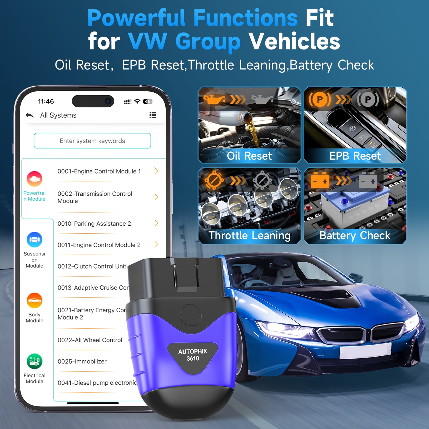 Autophix 3610 Wireless Bluetooth OBD2 Scanner Fits for VW Audi Skoda Seat Cars Scan Full-System Car Code Reader OBD2 Scanner with EPB Service Reset Throttle Learning for VAG Vehicles Diagnostic Tool