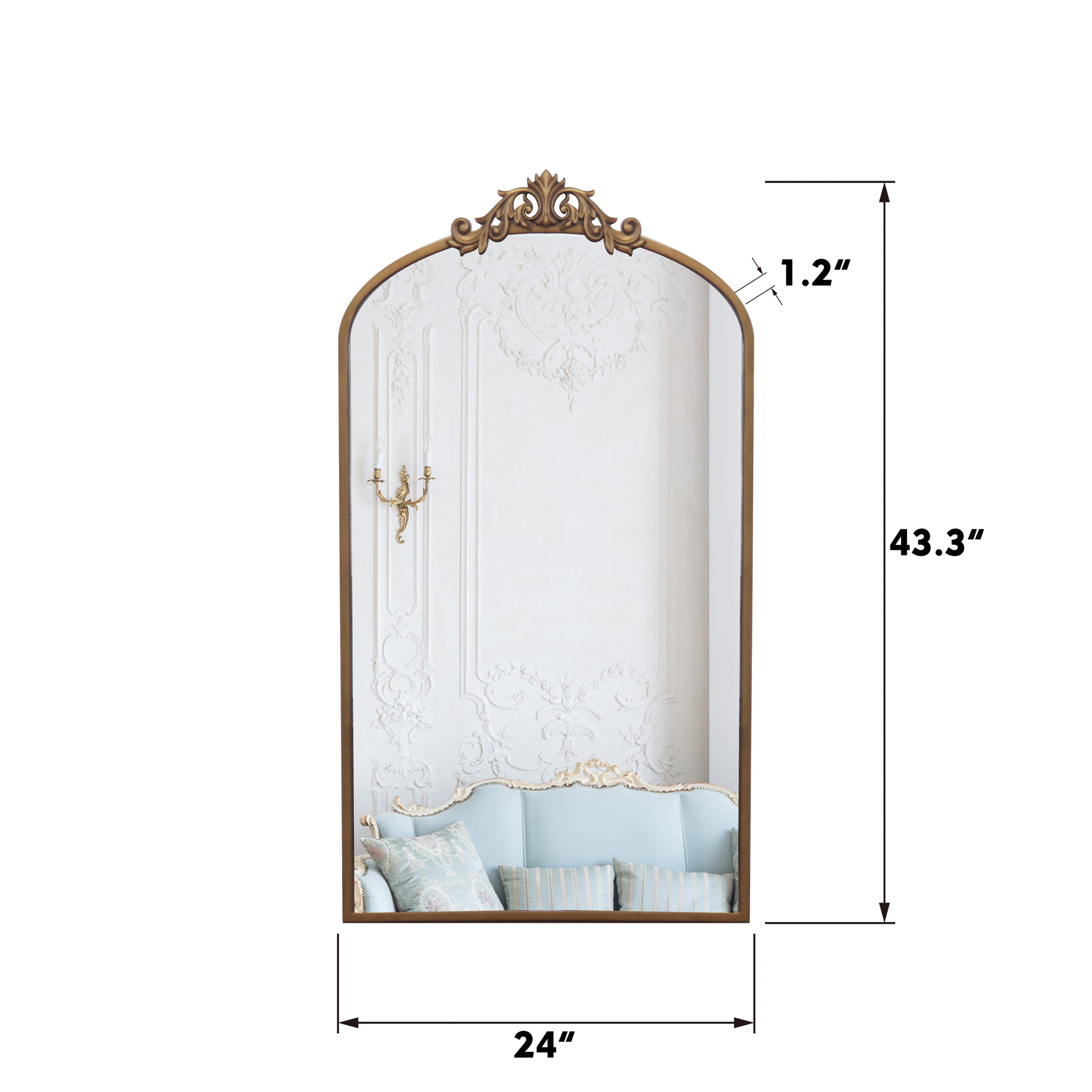 Noble House 24" Vintage Ornate Arched Wall Mirror with Metal Frame, Baroque Decorative Dressing Mirror, Antique Bronze