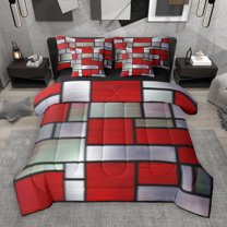 Manfei Modern Patchwork Geometric 7-Piece Twin Bedding Sets,Minimalist Buffalo Checkered Bedding Comforter Set,Red Gray Sheet Sets For Teens,Luxury Bedroom Decor Reversible