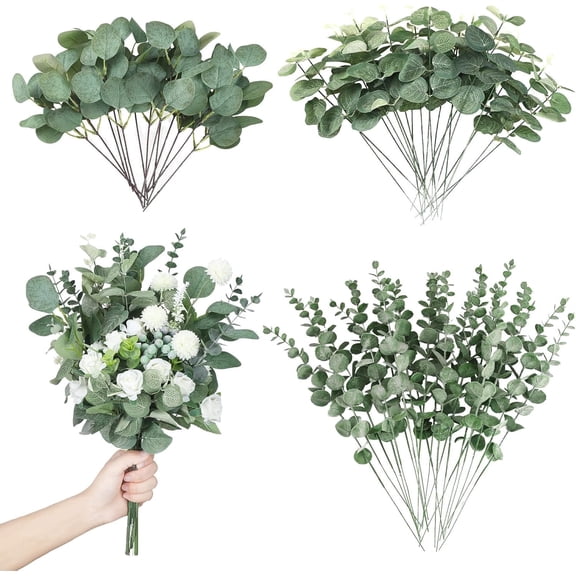 90 Pcs 3 Kinds Mixed Eucalyptus Leaves Stems Bulk Artificial Silver Dollar Leaves Picks Dried Eucalyptus Bundle Faux Spray for Wedding Vase Bouquet Floral Arrangement (Green)