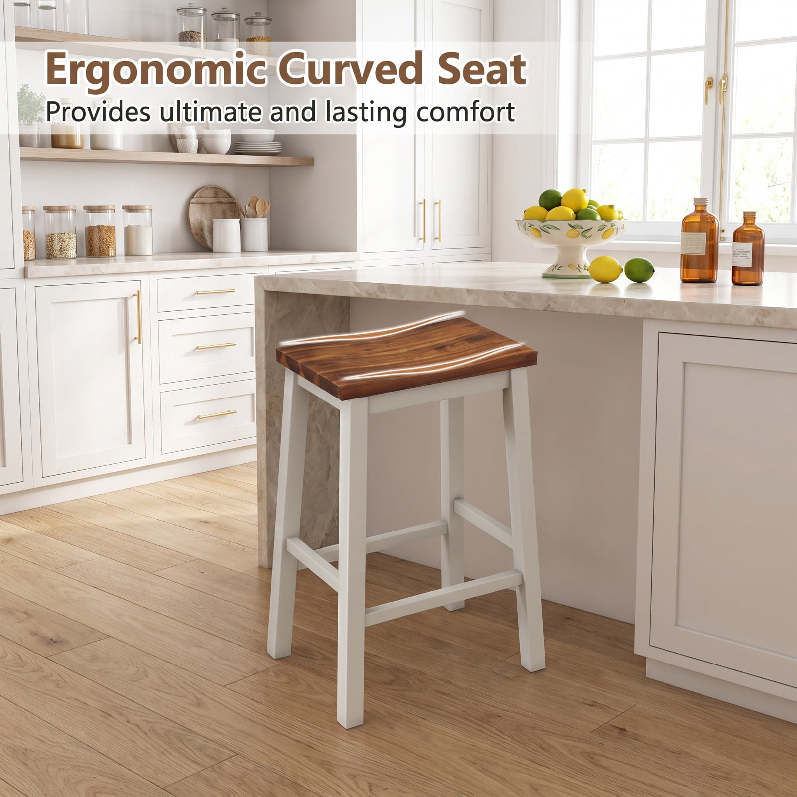 Furnibear 24.5-Inch Set of 2 Saddle Stools Bar Stools with Footrests for Kitchen Island-Walnut & Gray for Kitchen Island Counter Bar Pub, White