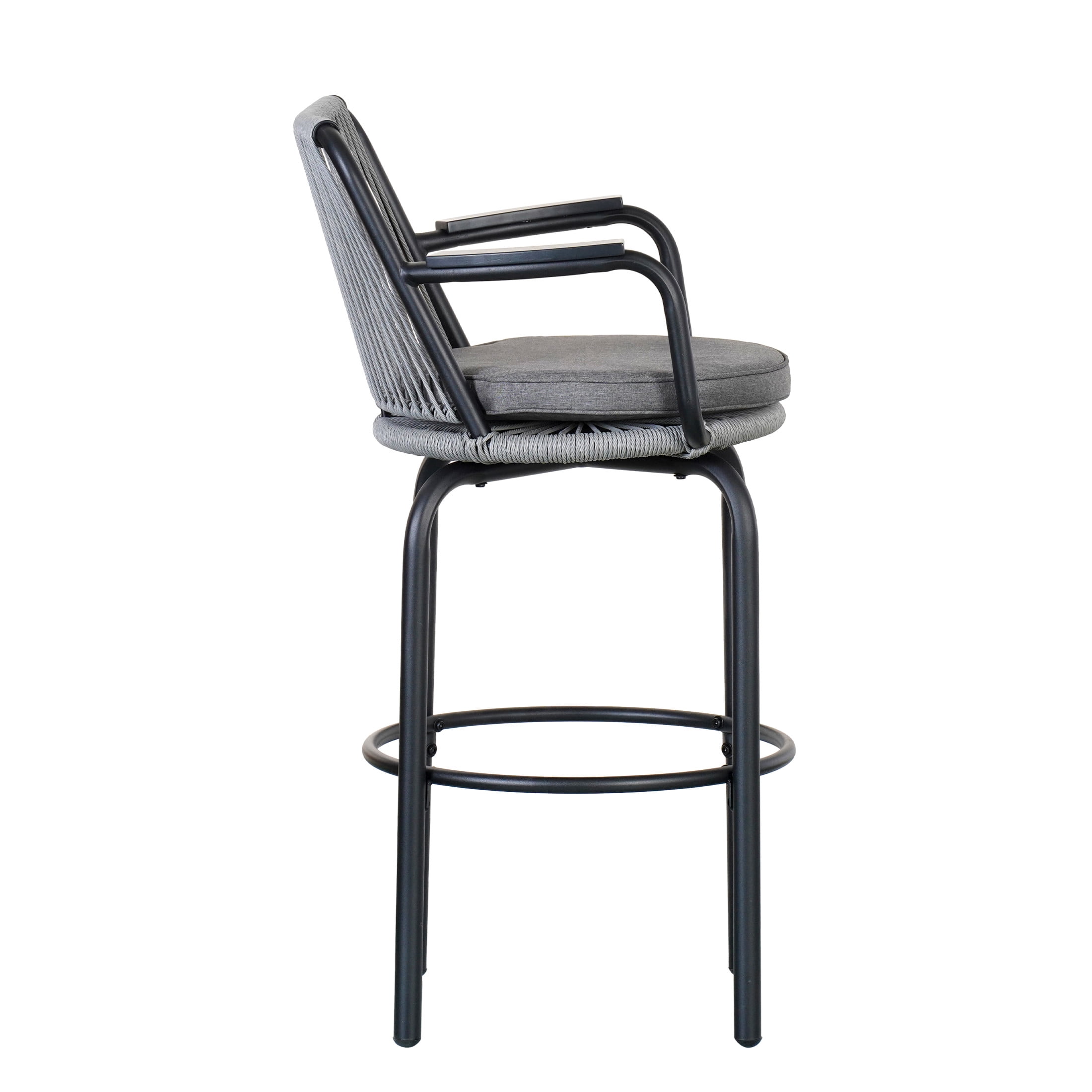 Lyric Modern 29" Outdoor Patio Bar Stools, Bar Chairs with Wood Grain Finish Frame with Hand-Woven PE Rattan Rope, Removable Cushions, Black+Gray, Set of 2