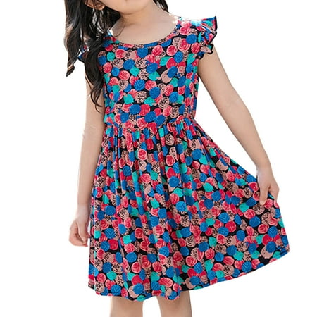 

PEASKJP Casual Summer Dresses Toddler Girls Pageant Floral Printed Short Sleeve Flutter Round Neckline Dress Red 8-9 Years