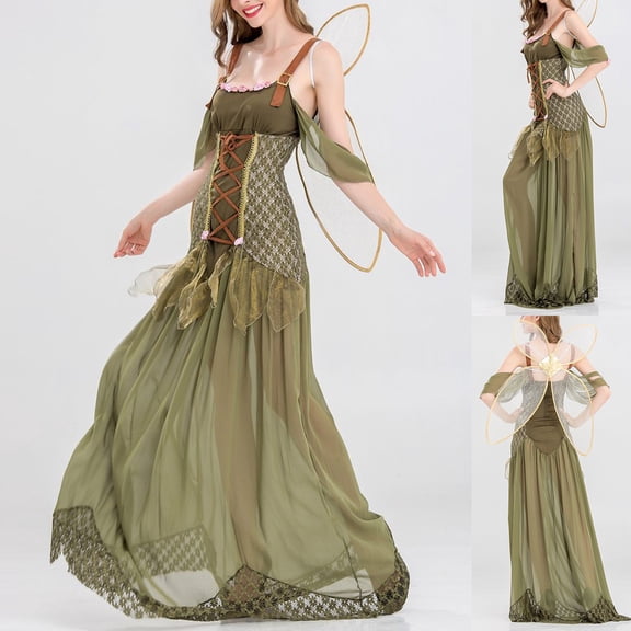 YFNNUP Women's Elf Medieval Dress with Wings Corset Lace Up Maxi Gown Renaissance Ren Faire Dress Green,XL