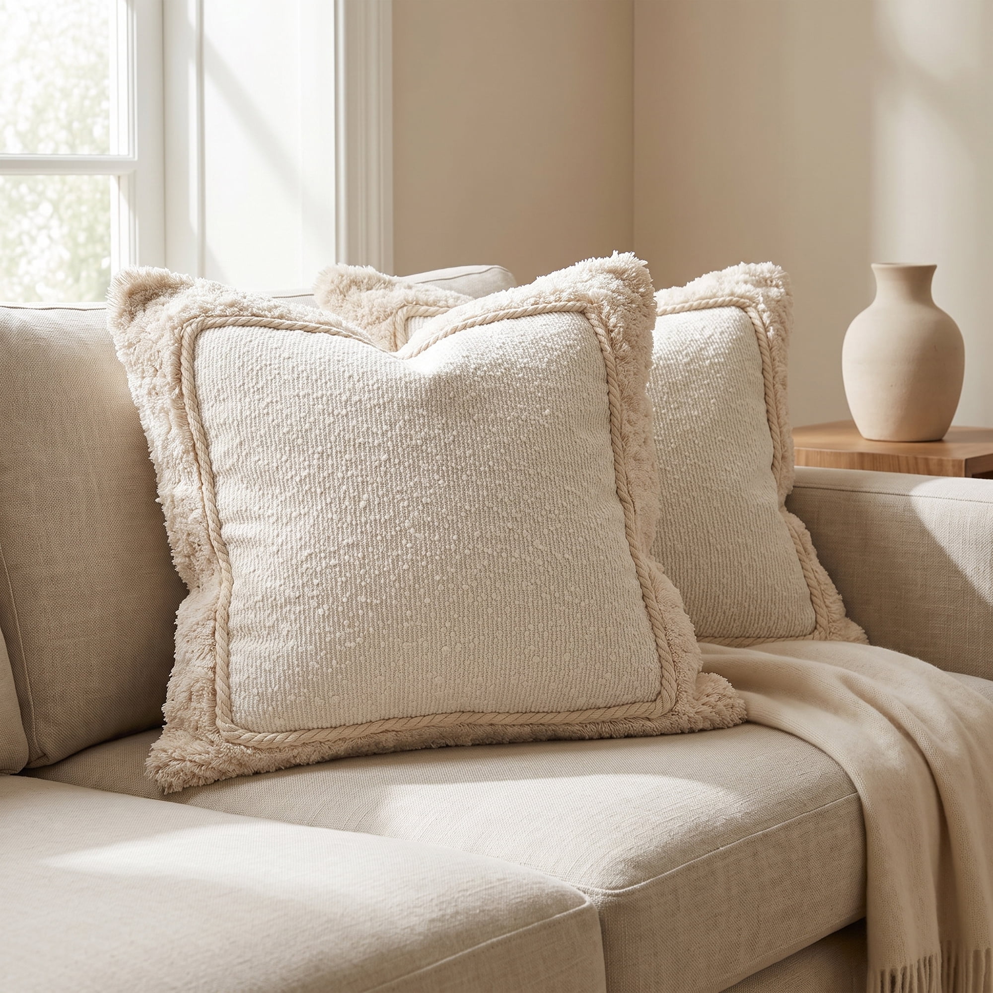 Unique Bargains Throw Pillow Cover Braided Rope Trim Cushion Case Beige 18"x18"