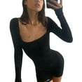 thumbnail image 4 of Franhais Women's Short Jumpsuit Letter Print Square Neck Slim Fit Long Sleeve Knitted Style Bodysuit, 4 of 8