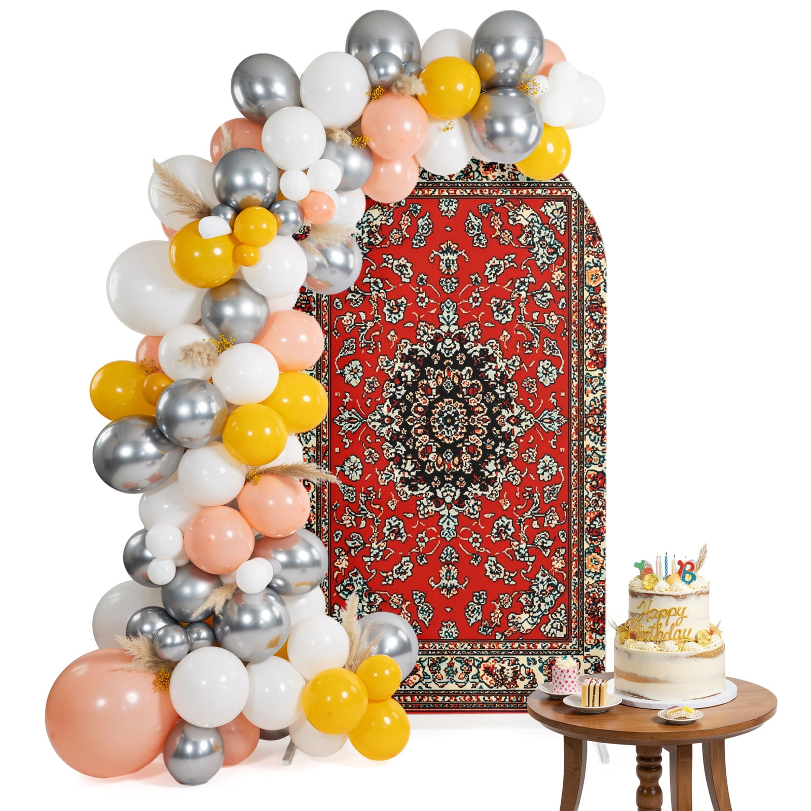 Red Vintage Boho Arch Backdrop Cover 6.6 Ft Luxury Traditional Tribal Art Spandex Fitted Stretchy Arch Cover, Round Top Chiara Backdrop Cover for Wedding Birthday Baby Shower