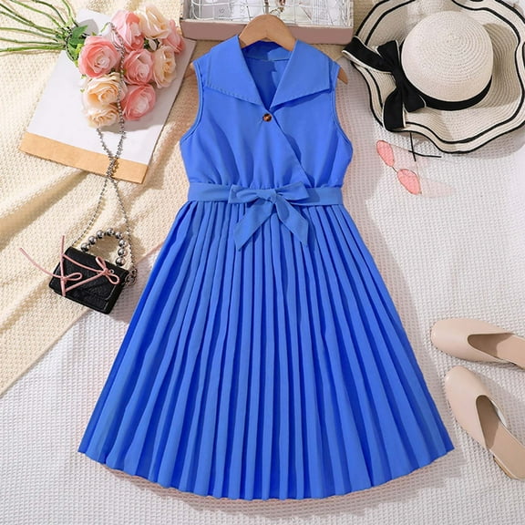 JUoaLXG Toddler Girls Casual Dresses Summer Pleated Sleeveless Trendy Party Dress Streetwear,Blue,8 Years