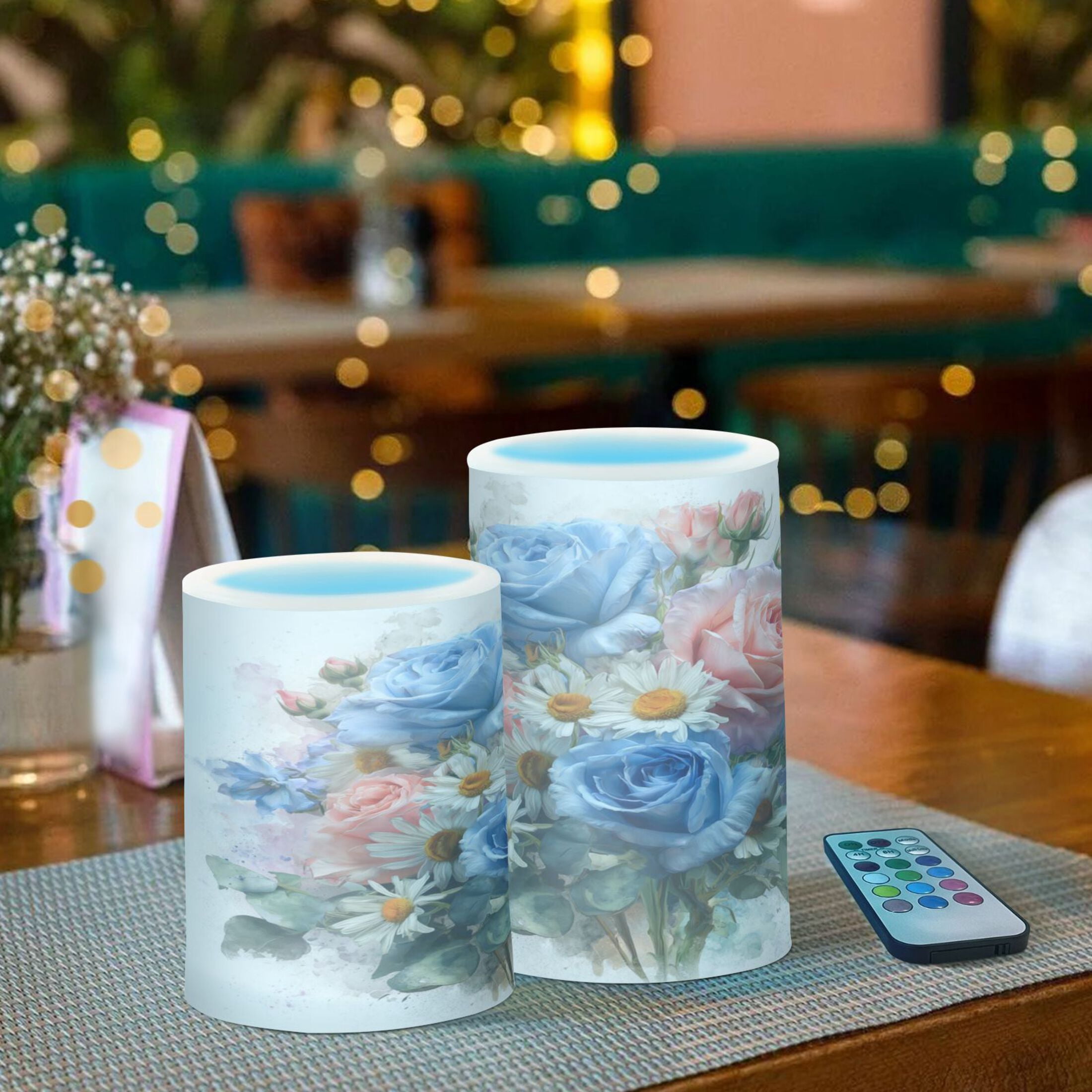 Set of 2 Flameless Candles Lights with Remote Control Flickering LED Candles Electric Candles for Home Decor Parties Blue-pink Roses and Daisies