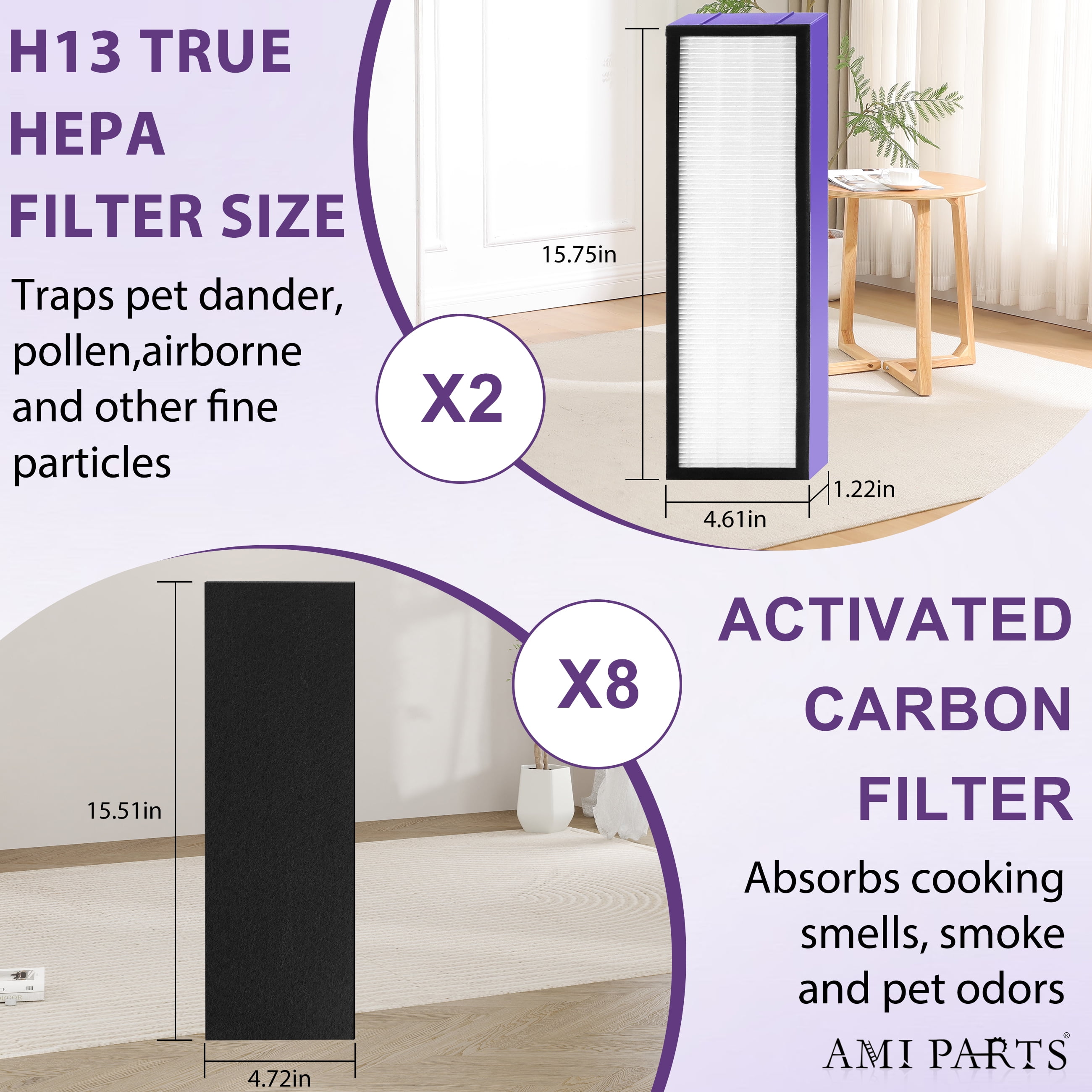 AMI PARTS FLT4825 True HEPA Filter B Replacement Activated Carbon Pre-Filters Compatible with Air Purifier AC4825 AC4300, AC4900, AC4800