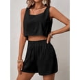 thumbnail image 5 of Womens 2 Piece Outfits Lounge Matching Sets Two Piece Linen Shorts Crop Tops Trendy Clothes Summer Vacation Set Black S, 5 of 7