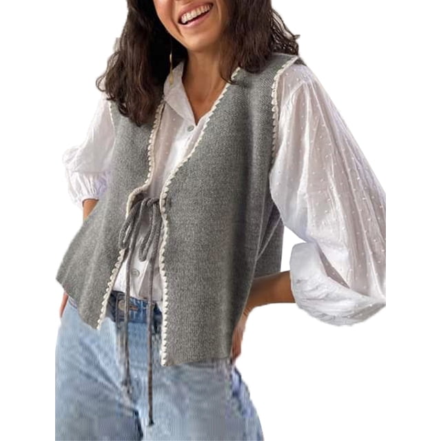 Wangsaura Women's Fall Winter Versatile Knit Sweater Vest Contrast Color Trim Lacing Closure V-Neck Sleeveless Cardigan