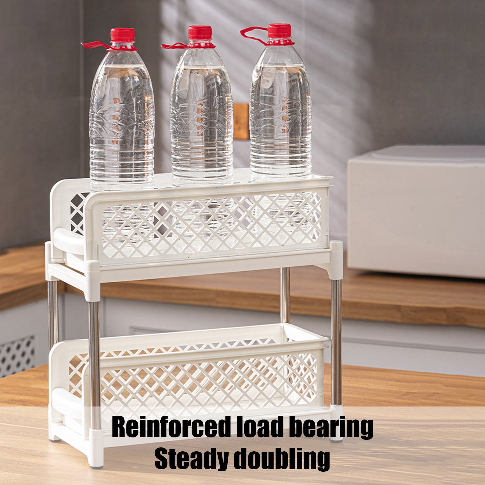 YIMWNYI 2 Tier Sliding Shelves Storage Under Sink Organizer, Bathroom Kitchen Organizers, Pull Out Cabinet Drawer Shelf, Pantry Organizer, Durable Plastic, Easy Assembly, Dual Storage Solution