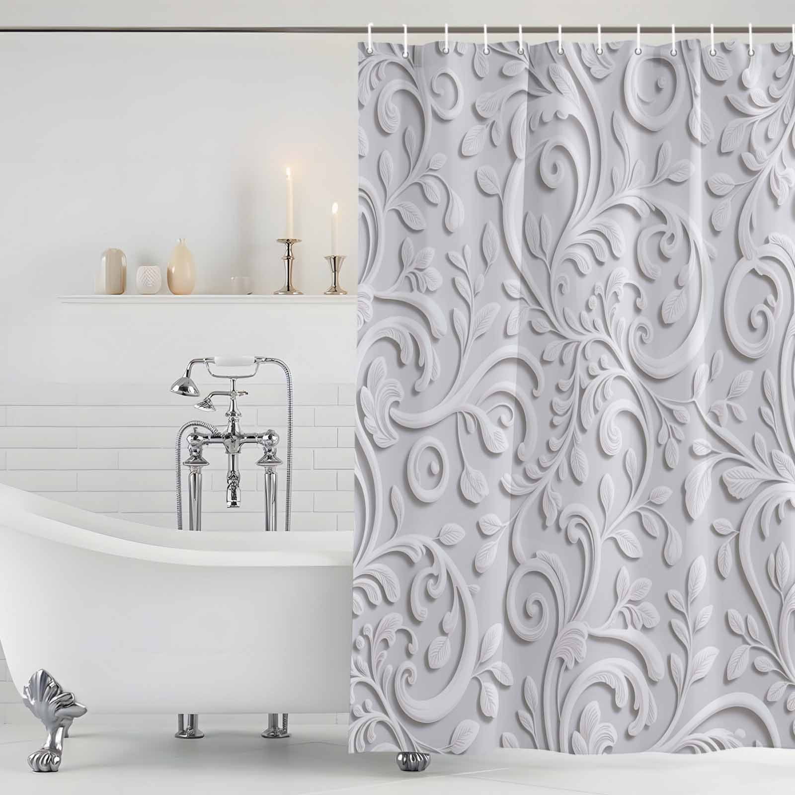 Floral Patterns Shower Curtain, Waterproof Shower Curtains for Bathroom, Silver White Flowers Leaves Aesthetic Washable Fabric Bathtub Curtain Set Bath Decor with 12 Hooks Long 72"x84"