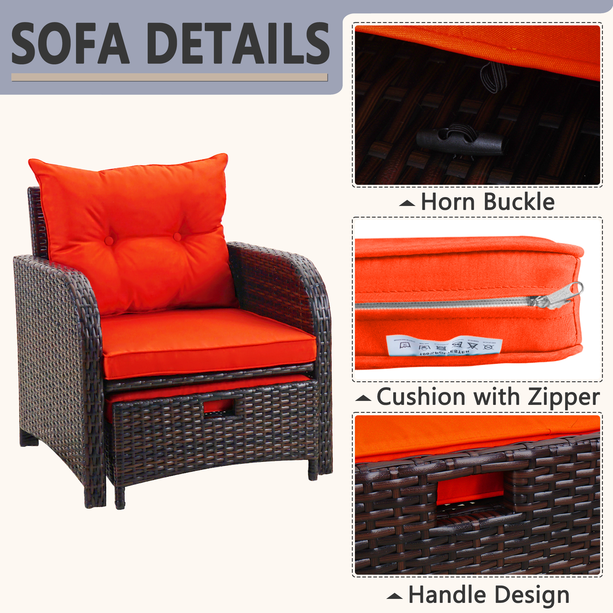 5 Piece Rattan Outdoor Patio Furniture Set, 5 Pieces Wicker Outdoor Patio Chairs Set with Ottoman, Orange