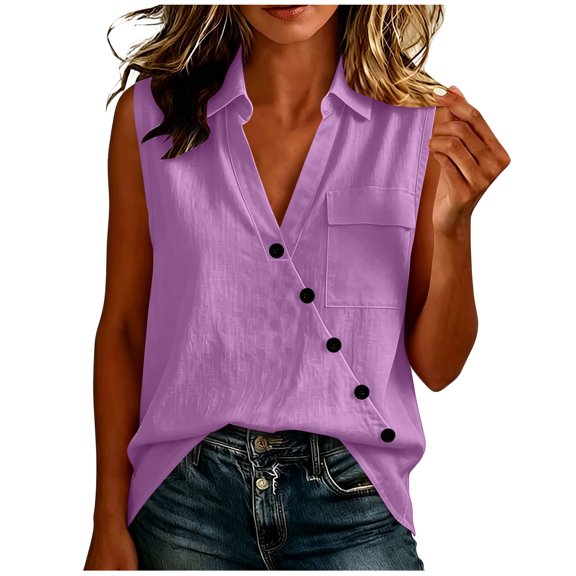 aohooy Womens Sleeveless V Neck Shirts Cotton Linen Oblique Button Decorate Blouse Loose Collared Work Tank Tops with Flap Pocket Purple,L