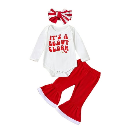 

Mioliknya Baby Long Sleeve Letter Print Romper Red Flared Pants Headband Sets