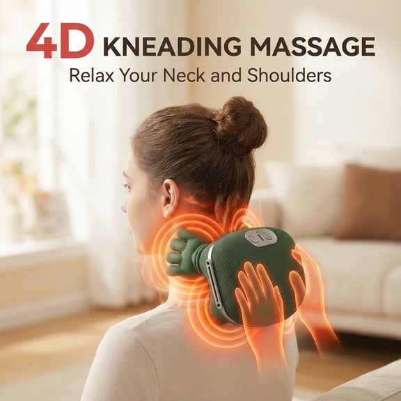 Neck Massager with Heat, Shiatsu 4D Kneading for Shoulder Pain Relief, Portable Rechargeable Muscle Relaxer for Home Office Travel
