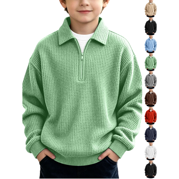 Teen Boys Waffle Knit Pullover Sweatshirts Kids 1/4 Zip Collared Shirts Long Sleeve Casual Fall Winter Tops Outerwear Warm Clothes