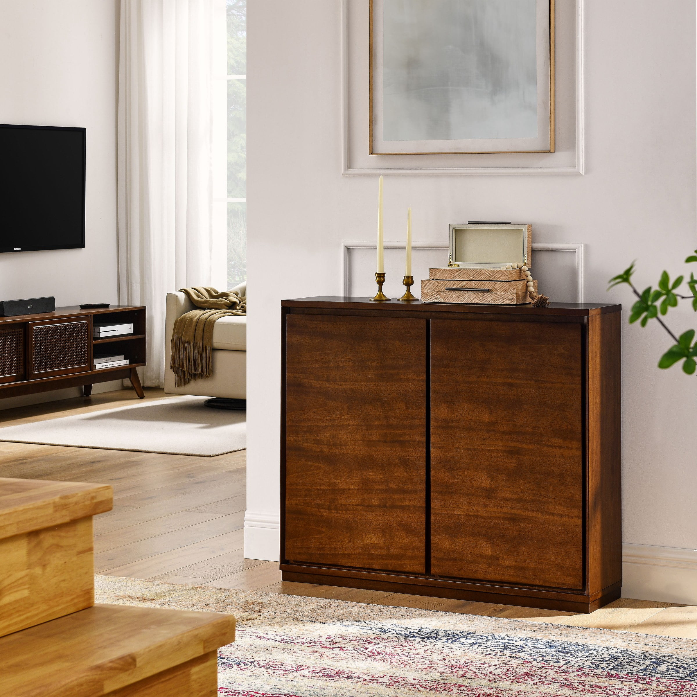 Walnut-colored Sideboard, Buffet Cabinet with 2 Outlet Holes, Storage Cabinet for Entryway, Hallway, Living Room, Kitchen, Dining Room, 39"×9.25"×32.63"