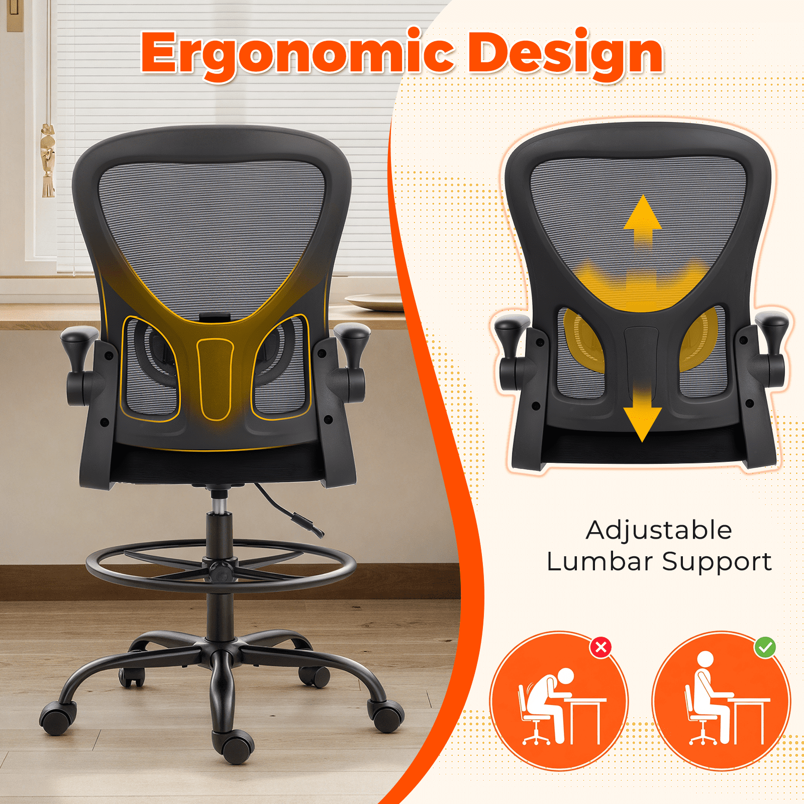 AVAWING Tall Drafting Chair, Breathable Mesh Office Chair, Ergonomic Computer Desk Chair, Black