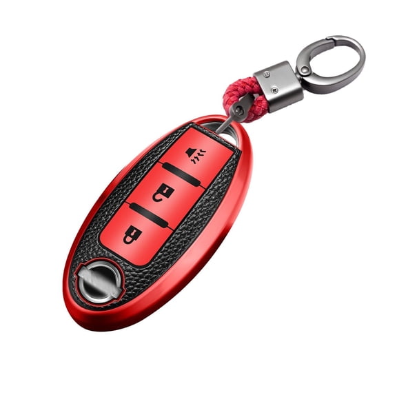 x xotic tech Red TPU Grainy Leather Texture Key Fob Shell Cover Case w/ Keychain, Compatible with Nissan Murano Rogue TIIDA Pathfinder 370Z Leaf 3-Button Smart Keyless Entry Key