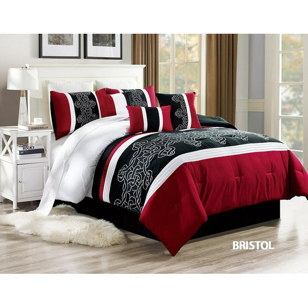 Unique Home 7 Piece Bristol Ruffled Bed, Black White And Red Bedding Queen