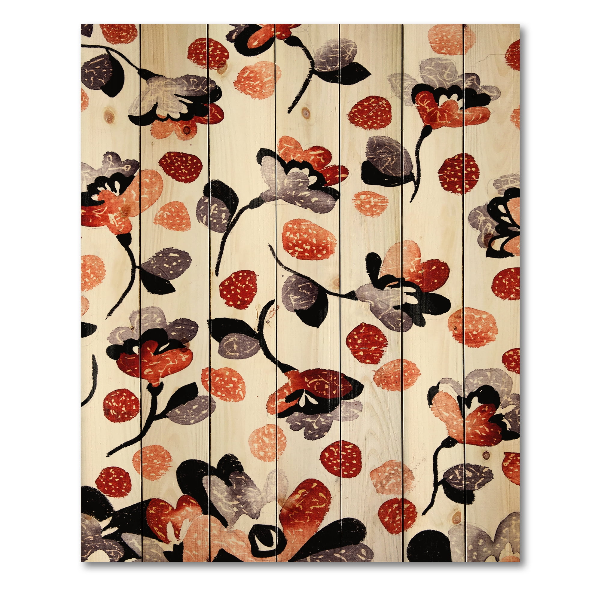 Designart 'Modern Flower In Red Blue and Orange' Bohemian & Eclectic Print on Natural Pine Wood