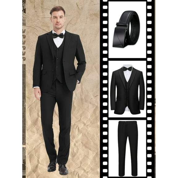 4pcs Men suit Tuxedo Vest Pants Belt Lapel Collar Solid Suit Formal Men Attire for Busniness Party Banquet Job Interview Classic Elegant Clothing